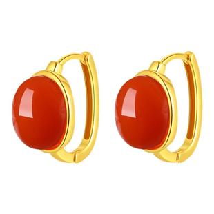 天然保山南红玛瑙耳扣925银蛋面椭圆古风新中式辣椒红无事牌耳饰