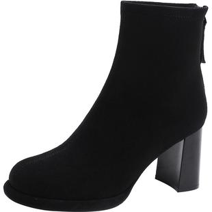 木林森女鞋2025冬季新款加绒加厚保暖短靴圆头粗跟增高中筒时装靴