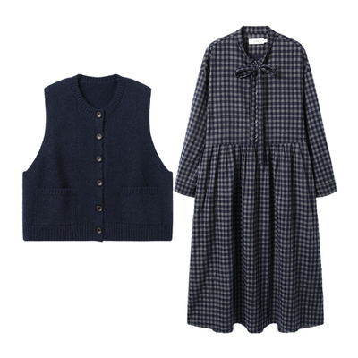 西町村屋文艺风套装女装2025冬季新款格纹内外套连衣裙XHAD10624