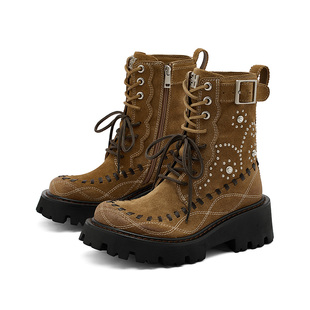 谢可寅同款|SUGARSU酥履秋冬新款复古真皮马丁西部高跟厚底短靴女