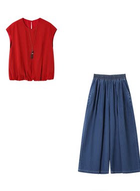 XWI欣未通勤连肩袖花苞背心上衣套装女夏季牛仔裙裤穿搭一整套