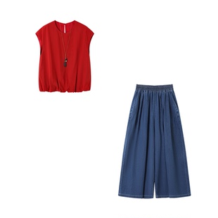 XWI欣未通勤连肩袖花苞背心上衣套装女夏季牛仔裙裤穿搭一整套