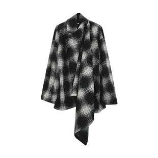 【辛芷蕾同款】RODERIC WONG秋冬原创设计黑色格纹披肩大衣女外套