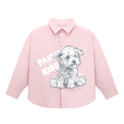 派町男童衬衫2026新款春装大童儿童衬衣粉色比熊漫画风休闲童装潮