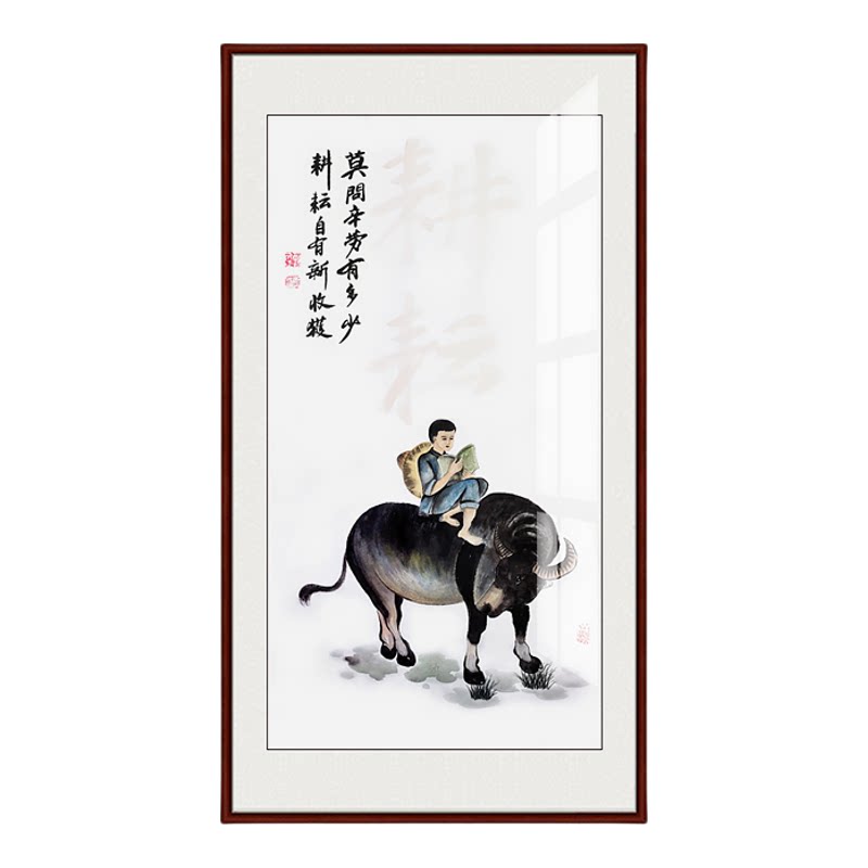 手绘国画山水画客厅办公室挂画壁画写意画装饰画水牛牧童骑牛耕耘