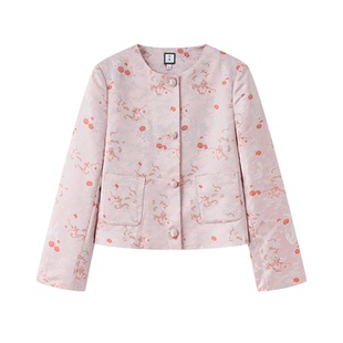 厅唐TINGTANG粉色提花刺绣新中式套装女短款复古外套半身裙三件套