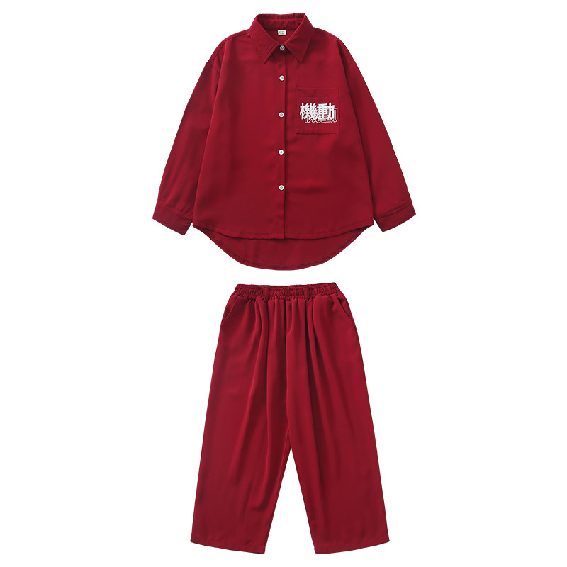 popping衣服儿童男童红色衬衫外套裤子演出服嘻哈街舞套装女童潮