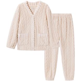 SCHIESSER舒雅女士长毛绒轻柔绒感剪花V领开衫冬季睡衣家居服套装