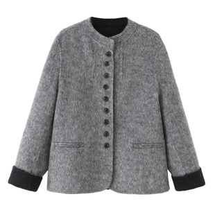 艾格2025秋冬新款双面羊毛大衣女短款小个子宽松圆领毛呢外套上衣