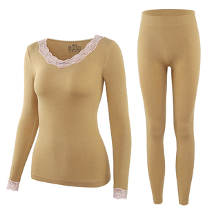 保暖内衣女蕾丝薄款德绒含羊毛发热棉质美体秋衣秋裤套装打底衫冬