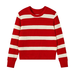 全棉时代女士棉线衣外套针织衫红色本命年条纹毛衣圣诞喜庆上衣
