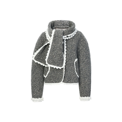 lefame拉飞姆冬季摩登宫廷风撞色花边毛呢短外套