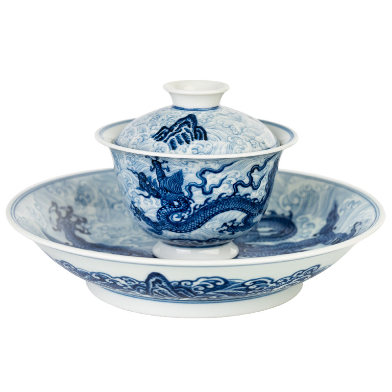 圣山仿明青花江崖海水宣德龙纹陶瓷茶具盖碗景德镇仿古青花茶具