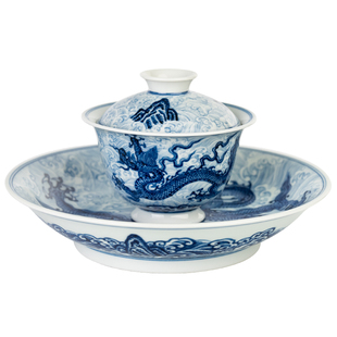 圣山仿明青花江崖海水宣德龙纹陶瓷茶具盖碗景德镇仿古青花茶具