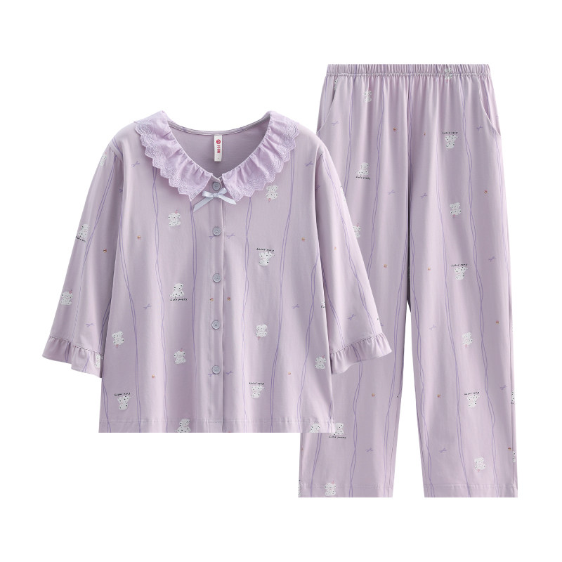芬腾2026新款女夏季五分袖长裤开衫睡衣纯棉甜美可外穿家居服套装