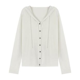 Basic House/百家好绵羊毛纯色开衫外套秋冬时尚V领抽绳针织衫女