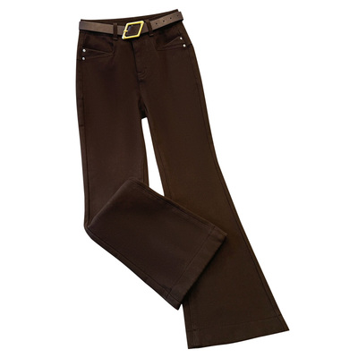 米白色纯棉加绒微喇牛仔裤女新款