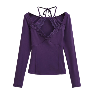蕾丝拼接系带挂脖长袖T恤上衣