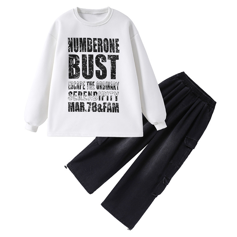 街舞儿童潮服架子鼓演出服男童hiphop嘻哈牛仔工装裤酷帅卫衣套装