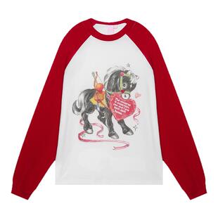 【穆祉丞同款】LALABOBO26年春黑马印花美式宽松插肩长袖红色T恤