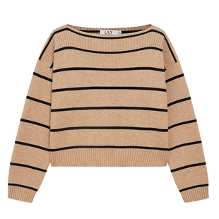 LILY春新款女装含绵羊毛复古条纹时尚一字肩短款毛针织衫上衣