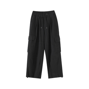 多巴胺深蓝色工装裤男女潮流胖MM大码宽松阔腿拖地裤春秋休闲裤子