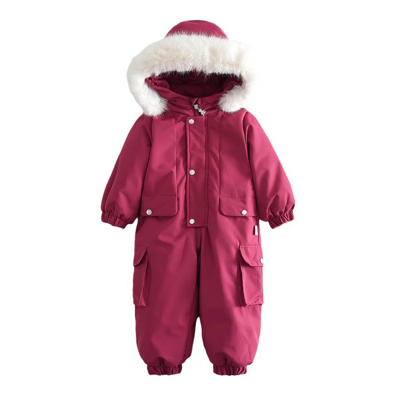 跨境专供连帽加绒加厚滑雪服儿童连体衣工作服2026冬新款宝宝爬服