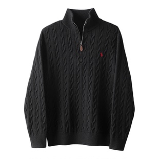 特价 老钱风骑士刺绣半拉链立领针织衫包芯纱抗起球绞花毛衣男士