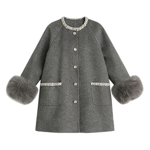 DPLAY【黑标】100羊毛双面呢子大衣狐狸毛保暖冬季灰色好看外套