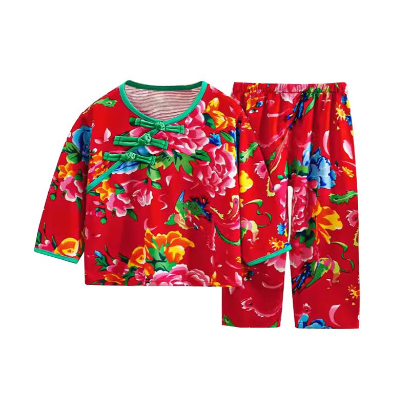 春秋款儿童家居服宝宝秋冬睡衣宝宝内衣套装新中式中小童东北大花