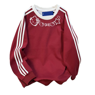 加绒卫衣女秋冬季新款潮牌ins青少年美式卡通kt猫学生三条杠上衣t