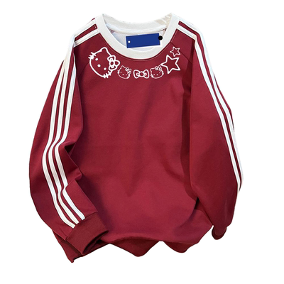 加绒卫衣女秋冬季新款潮牌ins青少年美式卡通kt猫学生三条杠上衣t