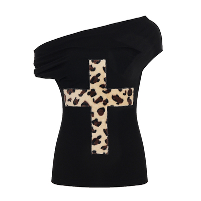 WEEKEEP 街头辣妹豹纹毛毛拼接十字架斜肩上衣百搭修身显瘦T恤潮