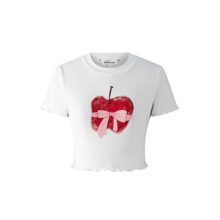 【白鹿同款】HERLIAN 苹果蝴蝶结印花圆领修身短款T恤女百搭上衣