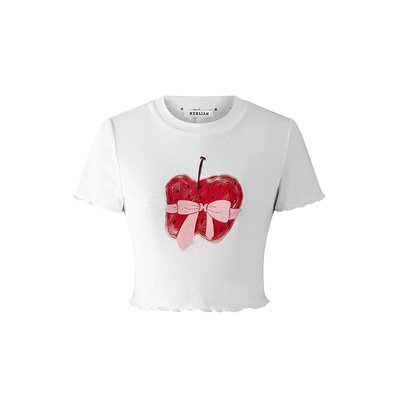 苹果蝴蝶结图案修身短款T恤