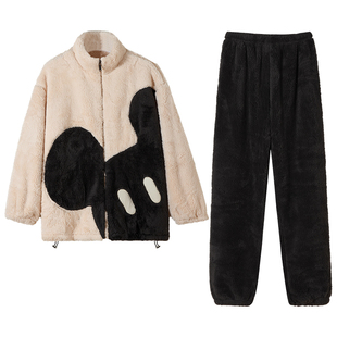 可人儿情侣睡衣女珊瑚绒冬季加绒加厚保暖外穿雪花绒家居服男套装