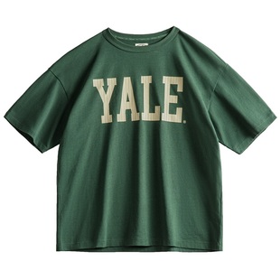 马登工装 美式撞色字母印花T恤学院风耶鲁大学纯棉短袖体恤男夏季