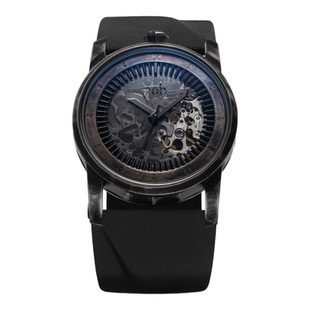 FOB手表法式进口R413时间胶囊镂空表盘黑色皮革表带进口腕表