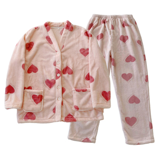 冬天瘦高个子180女生睡衣睡裤粉色爱心加长版开衫家居服裤长110cm