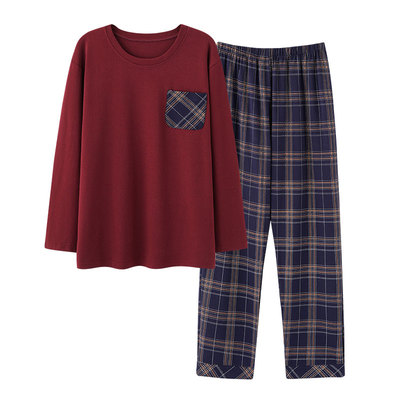 长袖睡衣中年爸爸全棉家居服套装