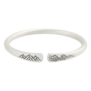 S999纯银山盟海誓手镯复古做旧中式磨砂简约百搭镯子手环女可调节