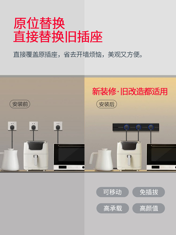 厂赛尔玛可移动轨道插座厨房专用滑轨式插排家用餐边柜电力导轨明