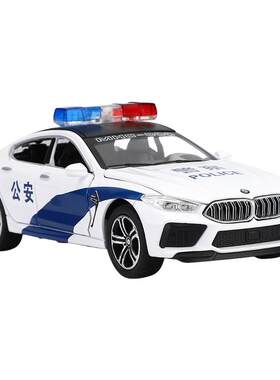 宝马M8警车合金回力车声光六门可开男孩摆件模型生日礼物2025新款