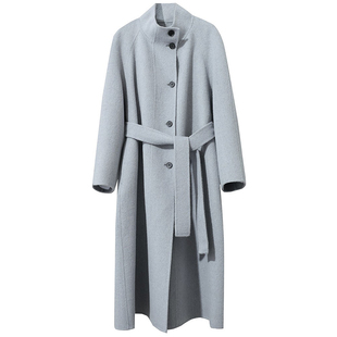 Amii立领插肩袖系腰带全羊毛双面呢大衣女2025冬新款长款毛呢外套