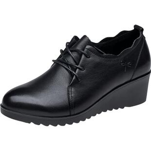 红蜻蜓真皮软底皮鞋 厚底坡跟妈妈鞋 2026春季女鞋百搭平底单鞋女