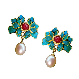 景泰蓝鎏金烧蓝丝故宫宫廷款耳钉女牡丹珍珠红宝耳坠古典汉服首饰