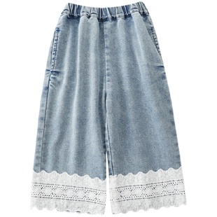 幼悠女童直筒蕾丝牛仔裤夏季2025新款儿童百搭阔腿裤甜美休闲裤子