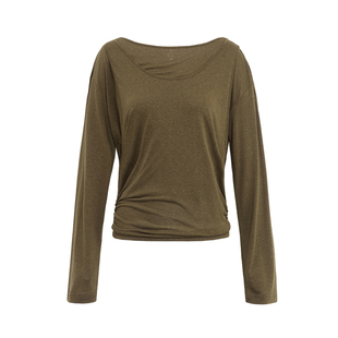 SMIIILE假两件天丝亚麻斜肩露肩亲肤上衣女秋褶皱堆叠感长袖t恤衫