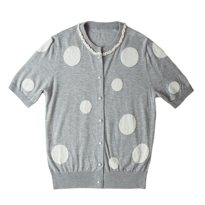 华丽轻奢 春夏领口重工镶钻钉珠短袖显瘦小直筒圆领针织开衫上衣