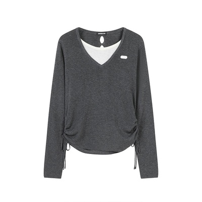 itGROUNDZERO春上新休闲修身时尚假两件V领灰色打底针织衫打底女